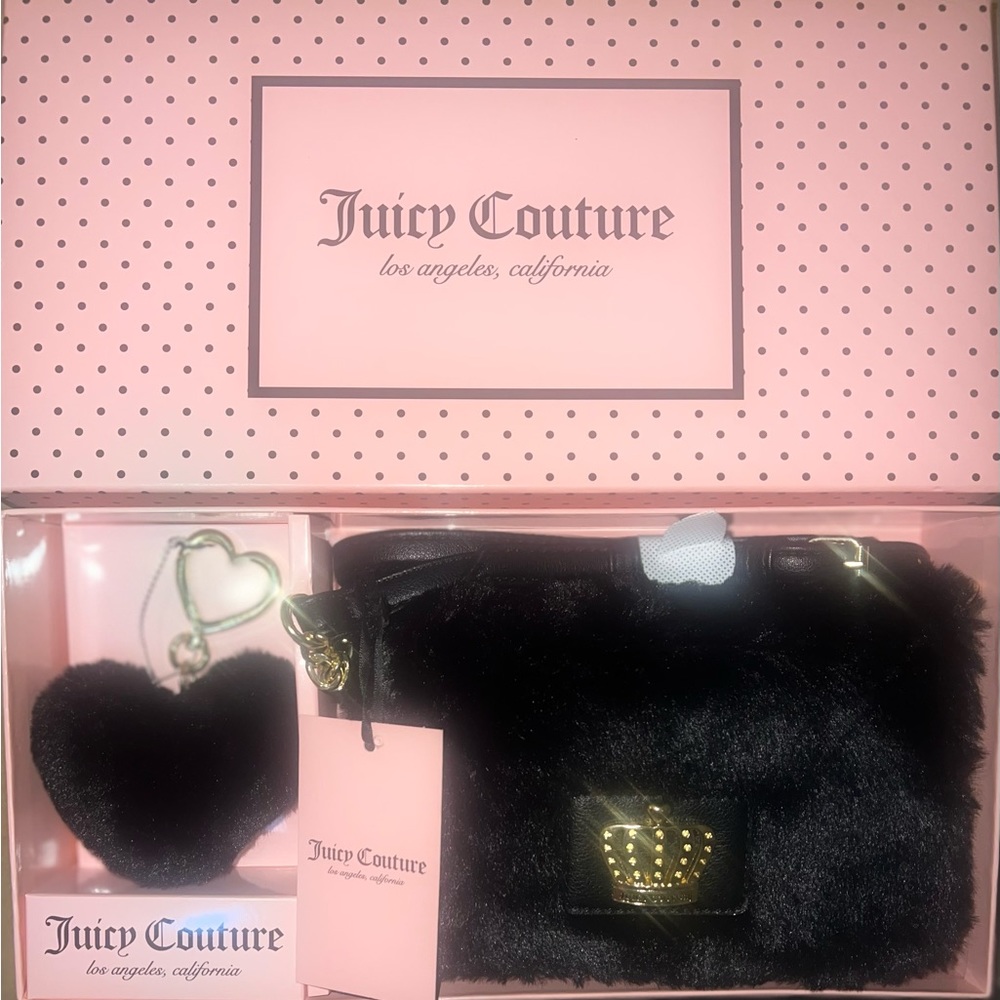 Juicy Couture Black Fur Crossbody Bag & Heart Pom Pom Keychain Charm Set